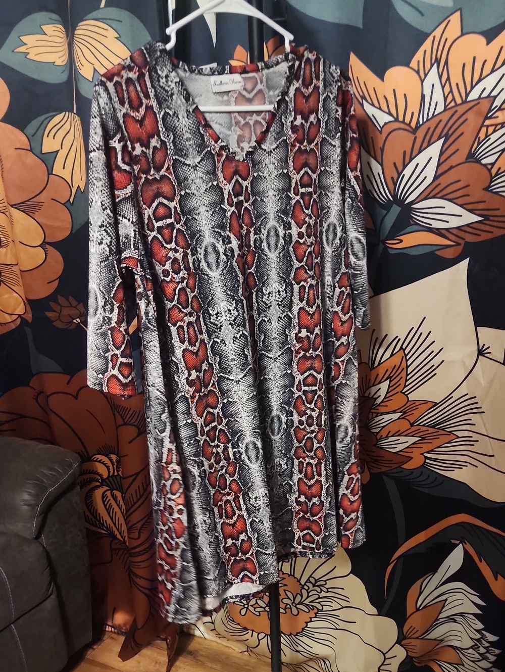 Women’s Snake Print V-Neck Dress in Rust and Black